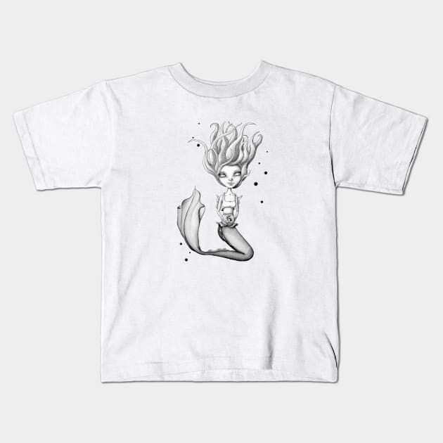 Miss Mermie and Her Pet Fish (Black and White Version) Kids T-Shirt by LittleMissTyne